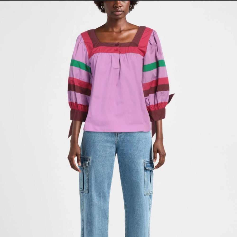 Antik Batik Stripe Puff Sleeve Lavender Cotton Blouse XS